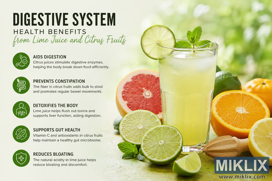 Landscape infographic showing a glass of fresh lime juice surrounded by sliced lime, orange, grapefruit, and lemon alongside informational sections describing potential digestive health benefits of consuming citrus fruits.