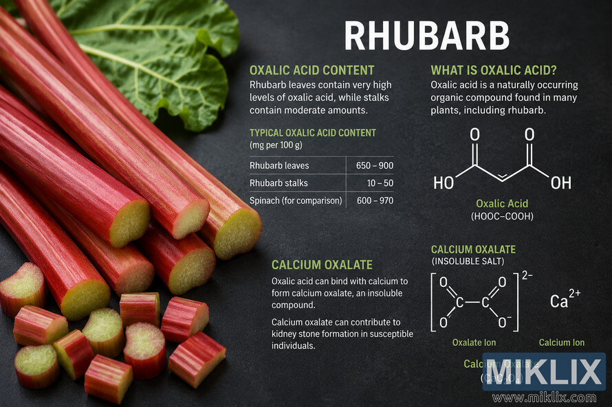 Landscape infographic featuring fresh red and green rhubarb stalks alongside educational scientific diagrams explaining oxalic acid content and calcium oxalate formation. The composition includes close-up rhubarb textures, chemical structures, comparison tables, and descriptive text on a dark textured background. Landscape infographic featuring fresh red and green rhubarb stalks alongside educational scientific diagrams explaining oxalic acid content and calcium oxalate formation. The composition includes close-up rhubarb textures, chemical structures, comparison tables, and descriptive text on a dark textured background.