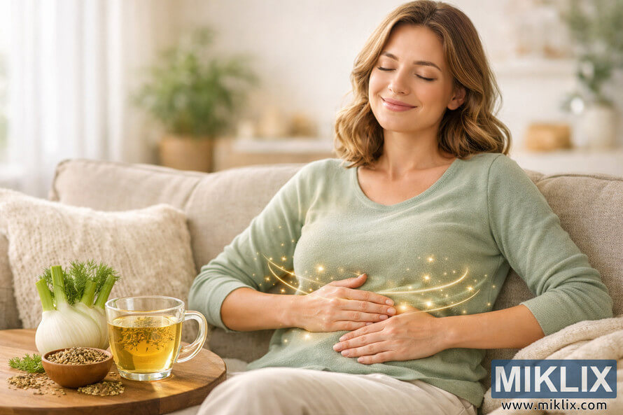 Woman sitting on a beige sofa with hands on her stomach, smiling peacefully after drinking fennel tea. A glass cup of golden fennel tea and a fresh fennel bulb rest on a wooden table in front of her, illuminated by soft natural light. Woman sitting on a beige sofa with hands on her stomach, smiling peacefully after drinking fennel tea. A glass cup of golden fennel tea and a fresh fennel bulb rest on a wooden table in front of her, illuminated by soft natural light.