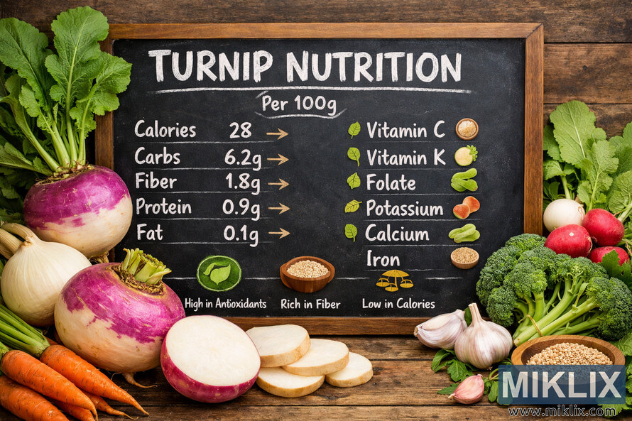 Landscape photo of a rustic wooden table with a central chalkboard titled "TURNIP NUTRITION" showing per 100g nutrient values and key vitamins and minerals, surrounded by fresh vegetables including whole and sliced turnips, carrots, broccoli, garlic, radishes, leafy greens, and a small bowl of grains. Landscape photo of a rustic wooden table with a central chalkboard titled "TURNIP NUTRITION" showing per 100g nutrient values and key vitamins and minerals, surrounded by fresh vegetables including whole and sliced turnips, carrots, broccoli, garlic, radishes, leafy greens, and a small bowl of grains.