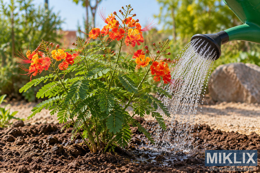 Newly planted Pride of Barbados with orange and yellow flowers being watered in a sunny garden. Newly planted Pride of Barbados with orange and yellow flowers being watered in a sunny garden.