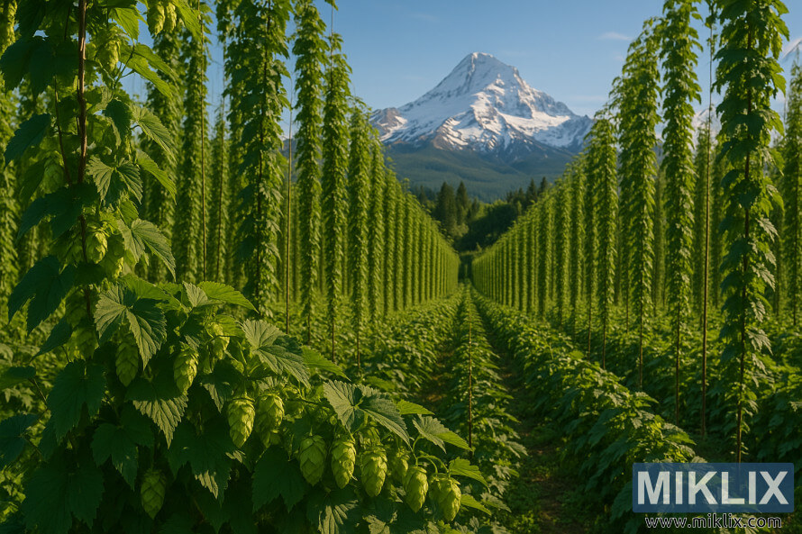 Des rangÃ©es de vignes de houblon vertes luxuriantes mÃ¨nent vers le sommet enneigÃ© du mont Hood sous un ciel bleu clair.