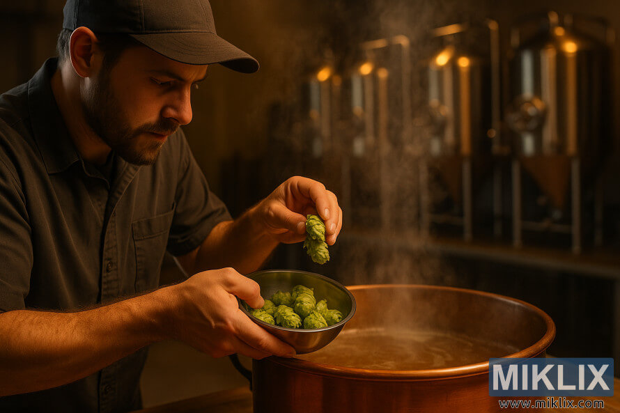 Een professionele brouwer meet zorgvuldig hele Cobb-hopbellen af en voegt deze toe aan een dampende koperen brouwketel met roestvrijstalen tanks op de achtergrond.