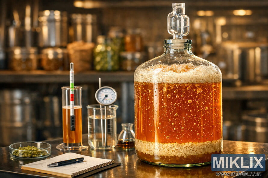 Clear glass fermentation vessel with bubbling amber East Coast pale ale, visible yeast sediment, hydrometer and thermometer in a softly lit brewery laboratory setting.
