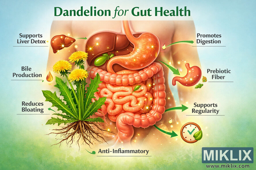Infographic showing a human digestive system with labeled organs and a dandelion plant illustrating how dandelion supports gut health through detox, digestion, and prebiotic fiber. Infographic showing a human digestive system with labeled organs and a dandelion plant illustrating how dandelion supports gut health through detox, digestion, and prebiotic fiber.