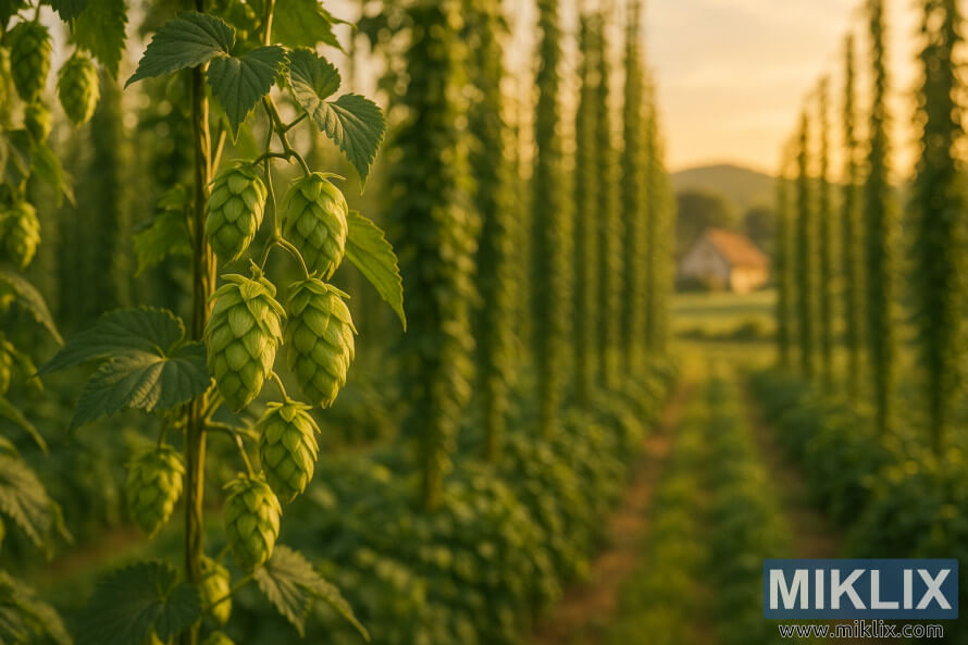Gros plan des cÃ´nes verts de houblon brillant au soleil dorÃ© avec des rangÃ©es de poules Ã  houblon et une ferme en arriÃ¨re-plan flou.