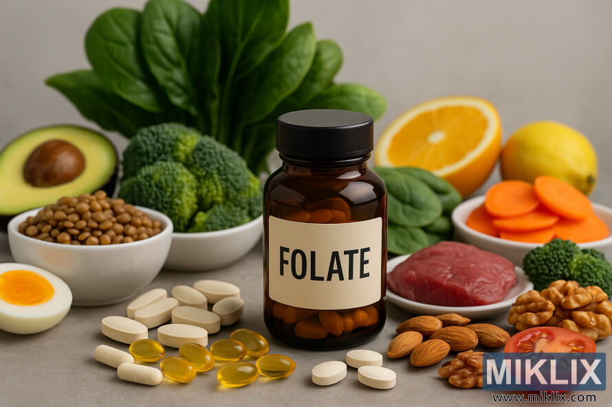 Folate supplement bottle with tablets, capsules, and foods like spinach, broccoli, avocado, lentils, citrus, eggs, and nuts.