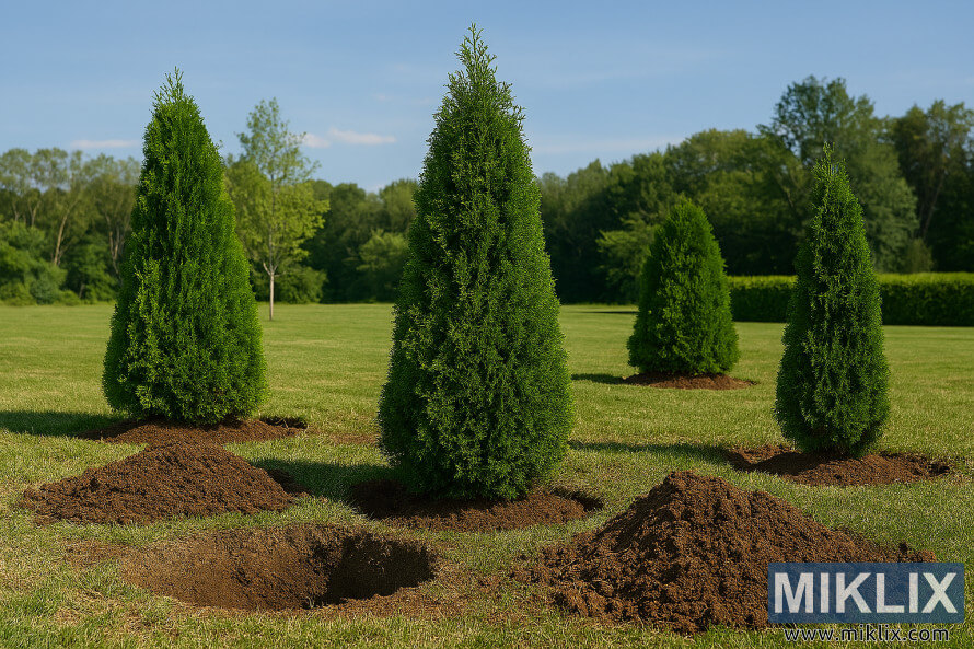 Trois arbres Arborvitae espacÃ©s rÃ©guliÃ¨rement avec des trous fraÃ®chement creusÃ©s dans un champ herbeux sous un ciel bleu clair