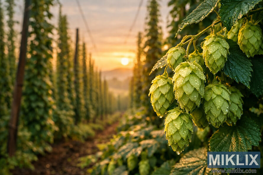 Close-up of dew-covered Pacifica hop cones in a lush hop field at golden hour, with rows of bines and a warm sunset sky in the background.