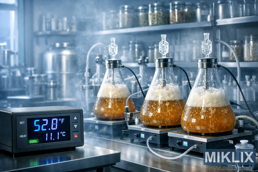 Science lab fermentation setup with lager yeast, glass vessels of bubbling wort, and a digital controller displaying 52Â°F under cool blue-white lighting.