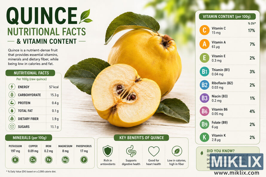 Landscape infographic featuring quince nutritional facts and vitamin content. The design includes large fresh quince fruits in the center, one whole and one sliced open, surrounded by charts showing calories, carbohydrates, dietary fiber, vitamins, minerals, and health benefits in a clean green and cream colored layout. Landscape infographic featuring quince nutritional facts and vitamin content. The design includes large fresh quince fruits in the center, one whole and one sliced open, surrounded by charts showing calories, carbohydrates, dietary fiber, vitamins, minerals, and health benefits in a clean green and cream colored layout.