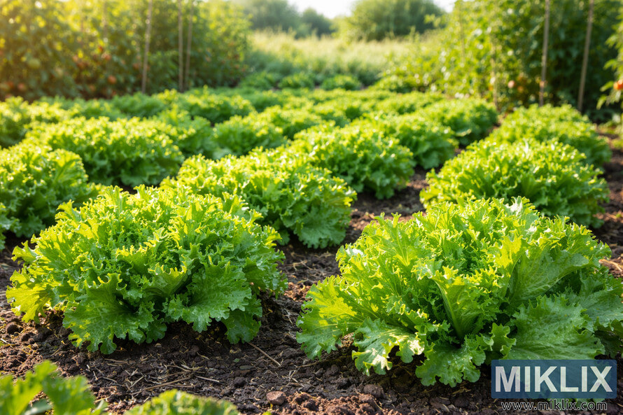 Healthy endive plants with ruffled green leaves growing in neat rows in a sunlit vegetable garden.