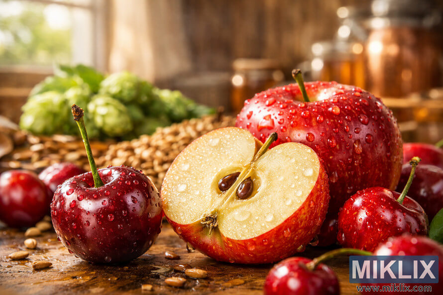 Glossy cherry and halved apple with dewdrops in sharp focus, hops and malt softly blurred behind them in a warm, rustic kitchen setting.