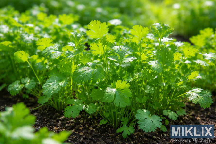 Gros plan sur des plants frais de coriandre verte poussant dans un sol sombre sous le soleil naturel.