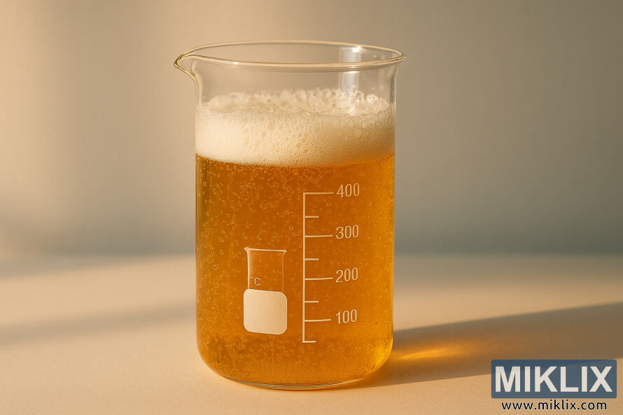 Et klart glassbeger fylt med gyllen brusende væske mot en varm minimalistisk bakgrunn. Et klart glassbeger fylt med gyllen brusende væske mot en varm minimalistisk bakgrunn.