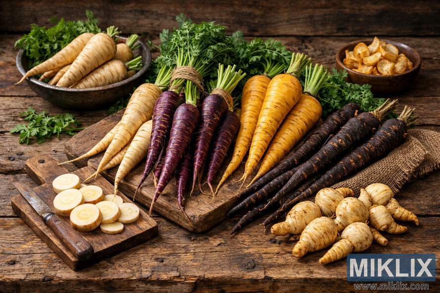 Several varieties of parsnips in cream, purple, golden, and dark tones arranged on a rustic wooden table with greens, slices, and chips.
