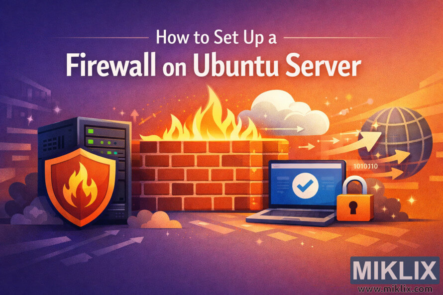 Նկարազարդում, որը ցույց է տալիս կրակով պատված աղյուսե firewall-ով պաշտպանված սերվեր, նոթբուք՝ ստուգիչով, և ֆոնային ռեժիմով զտվող ցանցային երթևեկություն։