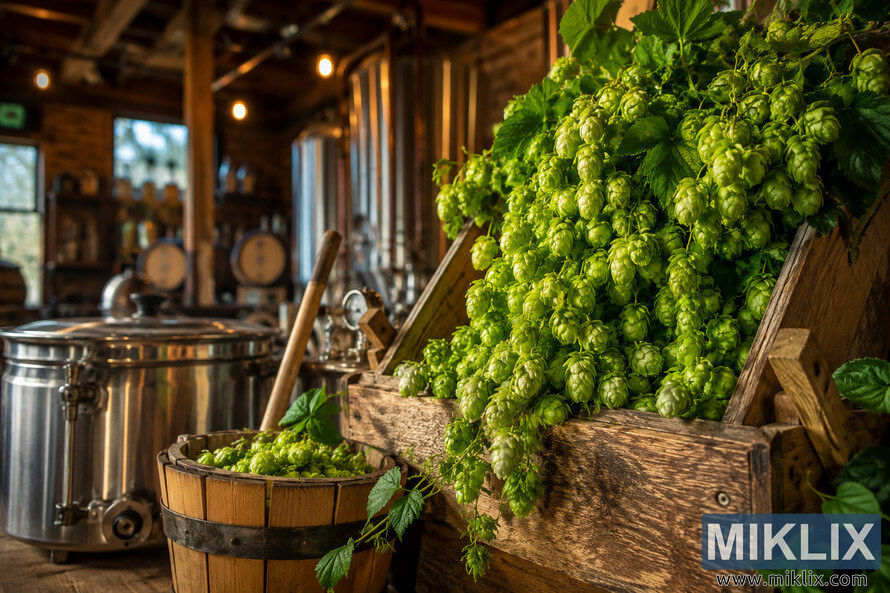 Landscape photograph of freshly harvested Herald hops cascading over a handcrafted wooden display inside a warm artisan brewery, with a stainless steel brewing kettle, traditional brewing tools, wooden barrels, fermentation tanks, and soft golden lighting creating a welcoming atmosphere of craftsmanship and freshness. Landscape photograph of freshly harvested Herald hops cascading over a handcrafted wooden display inside a warm artisan brewery, with a stainless steel brewing kettle, traditional brewing tools, wooden barrels, fermentation tanks, and soft golden lighting creating a welcoming atmosphere of craftsmanship and freshness.