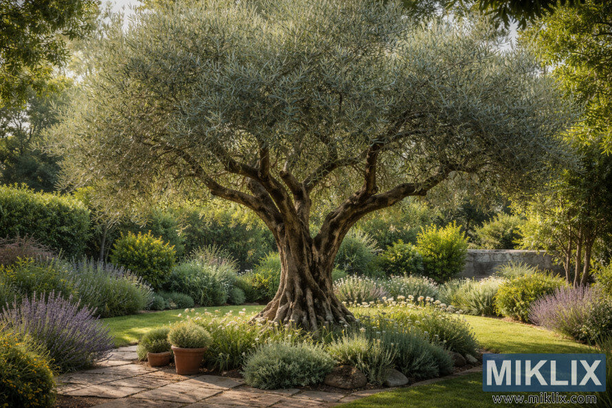 Mature olive tree with a gnarled trunk and silvery-green foliage growing in a landscaped home garden with lavender and stone pathways Mature olive tree with a gnarled trunk and silvery-green foliage growing in a landscaped home garden with lavender and stone pathways