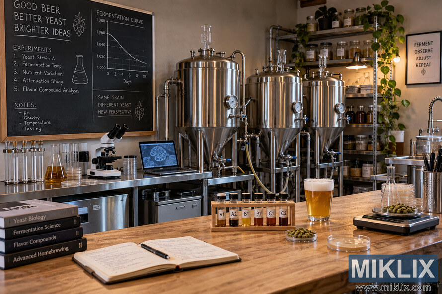 Advanced homebrewing workspace with stainless-steel fermenters, yeast sample vials, microscope, laboratory glassware, brewing notes, hops, and a glass of beer.