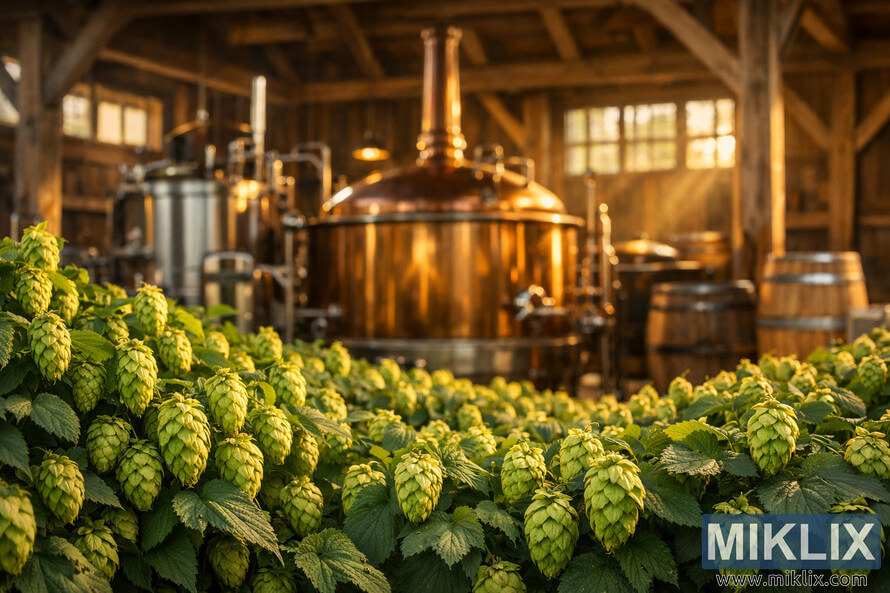 Landscape photo of lush green hop fields in the foreground with detailed, cone-shaped hop flowers, leading toward a traditional brewing kettle and surrounding equipment in warm late-afternoon light, with a rustic brewery interior featuring wooden beams and large sunlit windows in the background. Landscape photo of lush green hop fields in the foreground with detailed, cone-shaped hop flowers, leading toward a traditional brewing kettle and surrounding equipment in warm late-afternoon light, with a rustic brewery interior featuring wooden beams and large sunlit windows in the background.