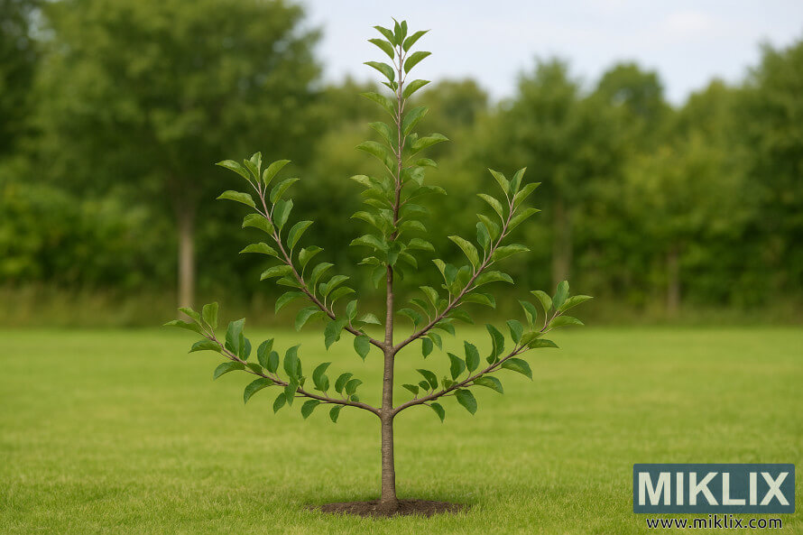 Pokok epal muda dengan perambut tengah dan dahan yang sama rata di padang berumput.