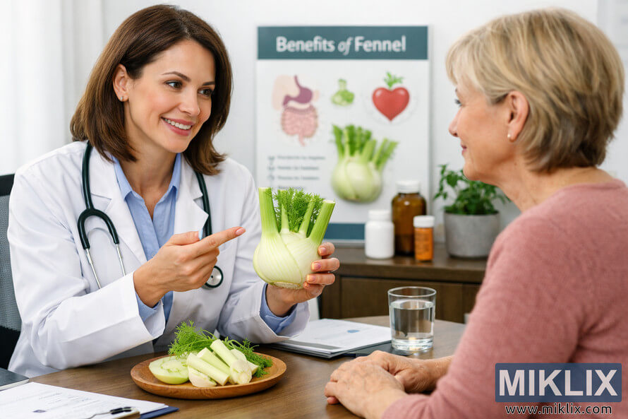 Doctor in white coat discussing fennel consumption with a middle-aged female patient in a bright medical office. Doctor in white coat discussing fennel consumption with a middle-aged female patient in a bright medical office.