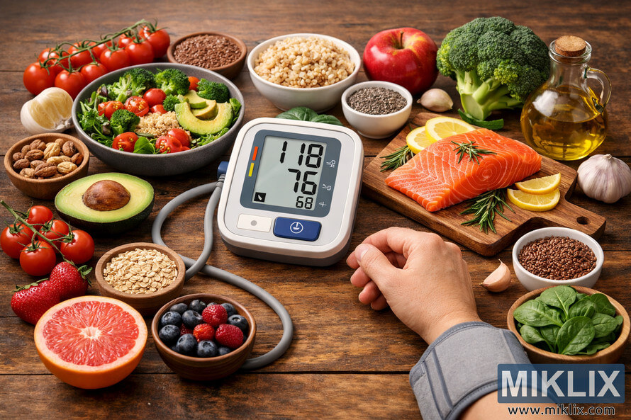 A digital blood pressure monitor on a wooden table surrounded by healthy foods such as salmon, fruits, vegetables, nuts, and grains. A digital blood pressure monitor on a wooden table surrounded by healthy foods such as salmon, fruits, vegetables, nuts, and grains.