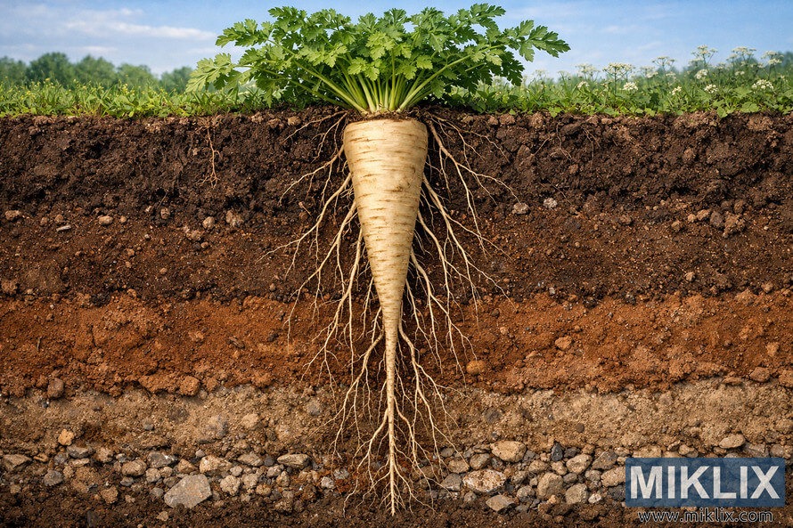 Cross-sectional illustration of a parsnip plant with green leaves above ground and a long taproot extending through multiple soil layers.