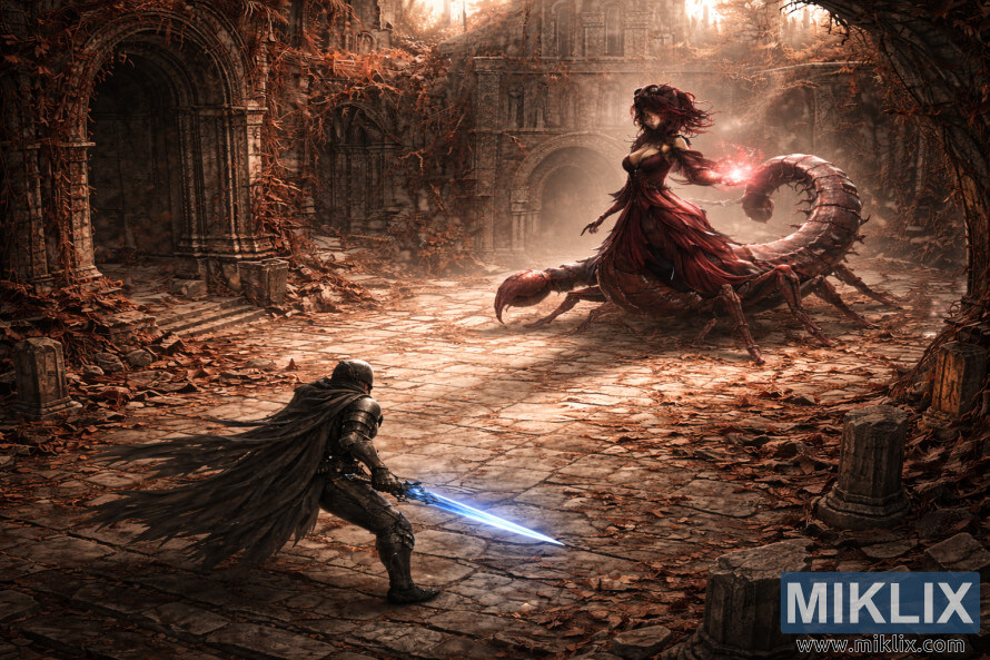 Landscape isometric dark fantasy artwork showing the Tarnished from behind with a glowing blue sword facing the massive Romina, Saint of the Bud, inside the ruined Church of the Bud.