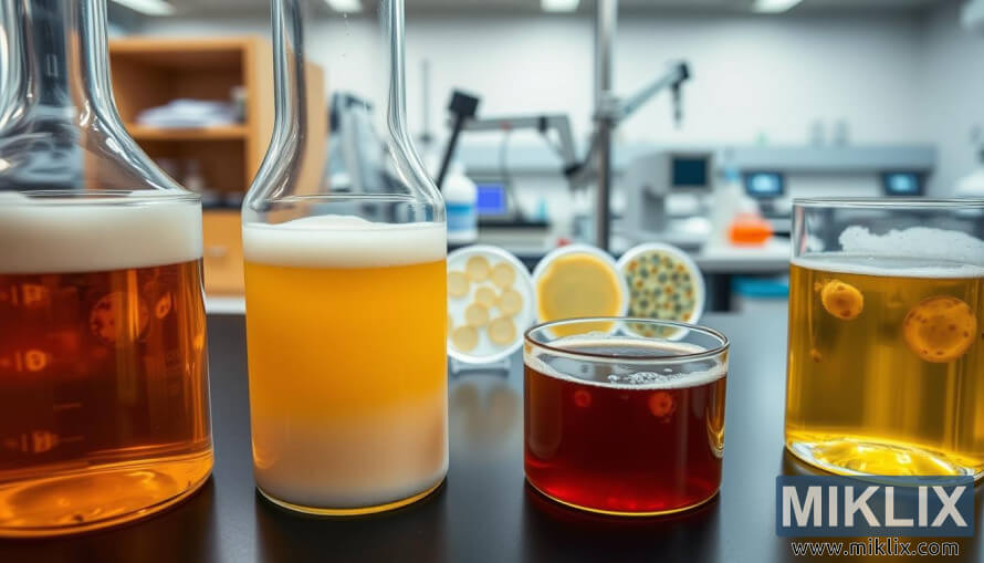 Laboratorieoppsett som sammenligner SafAle S-04-gjær med andre ale-stammer i beger og petriskåler. Laboratorieoppsett som sammenligner SafAle S-04-gjær med andre ale-stammer i beger og petriskåler.