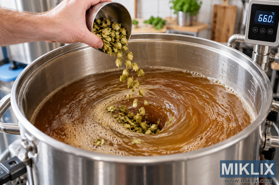 Close-up of hops being poured into swirling amber wort in a stainless-steel homebrewing kettle during a temperature-controlled whirlpool, with a digital controller displaying 66.0 °C. Close-up of hops being poured into swirling amber wort in a stainless-steel homebrewing kettle during a temperature-controlled whirlpool, with a digital controller displaying 66.0 °C.