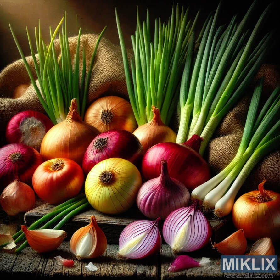 Assorted fresh onions and green onions on a rustic wooden surface. Assorted fresh onions and green onions on a rustic wooden surface.
