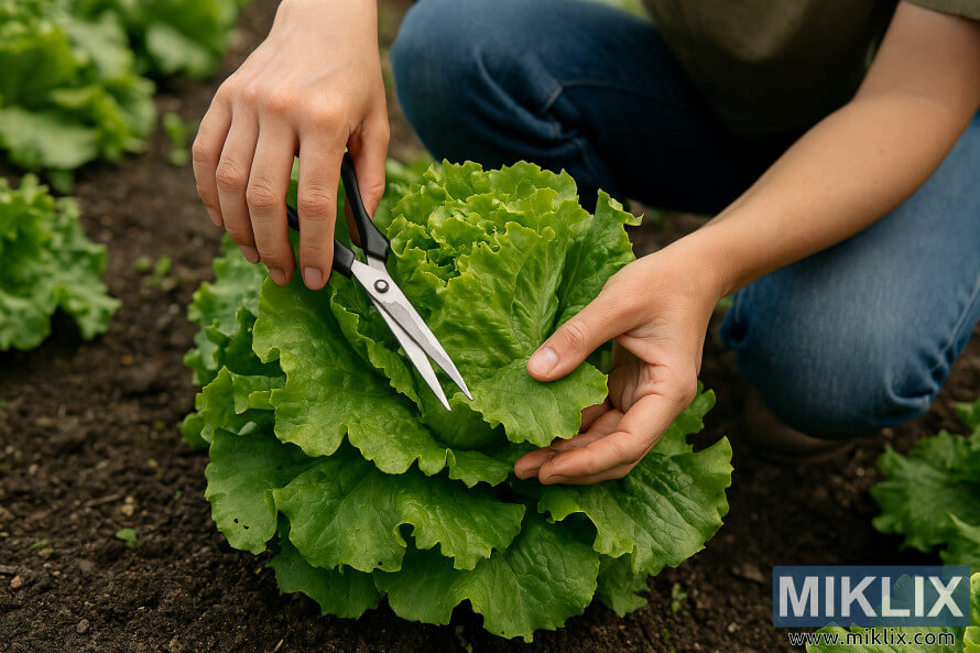 Gardener using scissors to harvest outer lettuce leaves in a vegetable garden