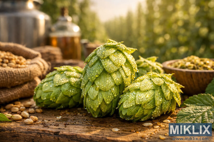 Close-up macro photograph of vibrant green Mathon hop cones covered in morning dew, resting on a rustic wooden brewing table with blurred brewing equipment and a sunlit hop field in the background.