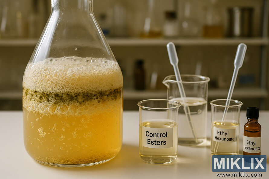 Close-up of a laboratory fermenter with bubbling liquid, ester vials, and brewing equipment Close-up of a laboratory fermenter with bubbling liquid, ester vials, and brewing equipment