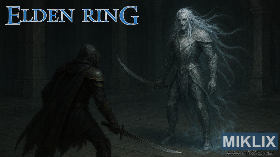 Elden Ring fan art showing a Black Knife assassin battling the Ancient Hero of Zamor in a misty dungeon Elden Ring fan art showing a Black Knife assassin battling the Ancient Hero of Zamor in a misty dungeon