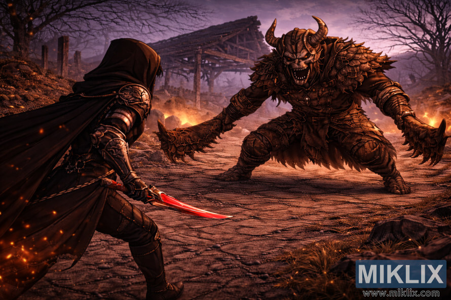 Arte de fÃ£ em estilo anime mostrando o Tarnished de costas Ã  esquerda, enquanto um Omenkiller muito maior se aproxima na Vila dos AlbinaÃºricos em ruÃ­nas.