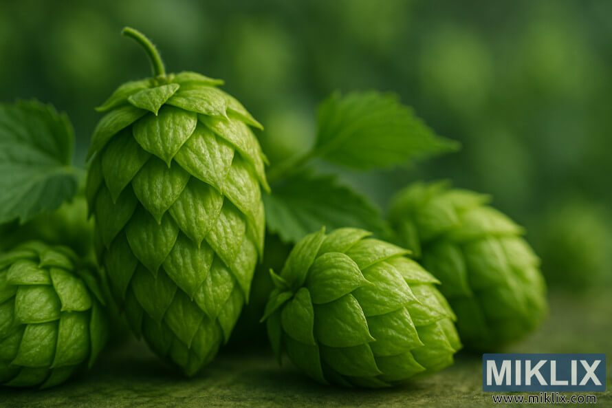 Close-up of fresh Lucan hop cones glowing green with visible lupulin glands against a blurred hop field background.