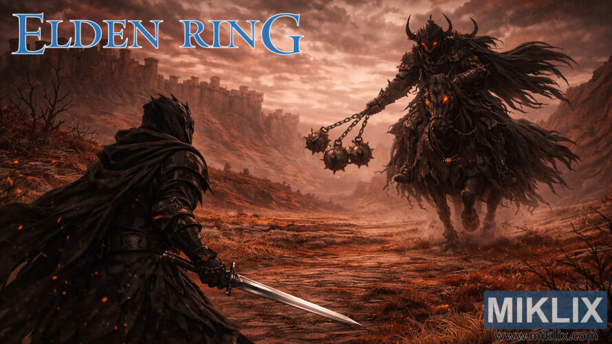 אמנות מעריצים של קרב Elden Ring בין שחקן שריון Black Knife לבין Night's Cavalry ב-Caelid