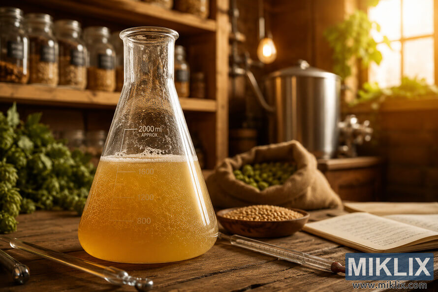 A clear glass flask filled with bubbling golden brewer's yeast starter sits on a rustic wooden table, surrounded by a stirrer and thermometer, with softly lit shelves of brewing grains and hops in the warm brewery background.