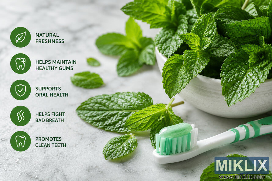 Fresh green mint leaves arranged beside a white and green toothbrush with mint toothpaste on a light marble surface, illustrating natural oral health benefits, fresh breath, healthy gums, and clean teeth in a bright wellness-themed composition. Fresh green mint leaves arranged beside a white and green toothbrush with mint toothpaste on a light marble surface, illustrating natural oral health benefits, fresh breath, healthy gums, and clean teeth in a bright wellness-themed composition.