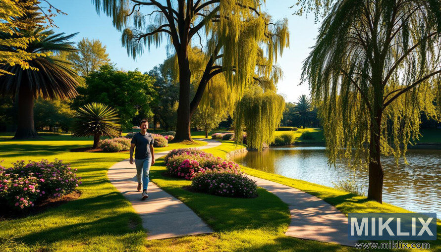 Person gÃ¥r pÃ¥ en solbeskinnet parksti med trÃ¦er, blomster og en rolig dam i baggrunden.