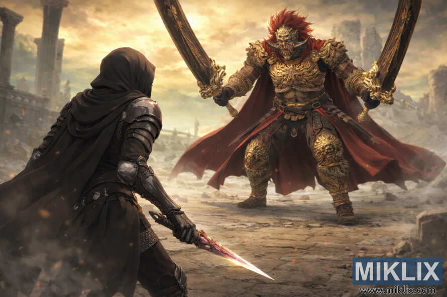 Anime-style fan art showing the Tarnished in Black Knife armor facing Promised Consort Radahn in the ruins of Enir-Ilim just before combat begins.