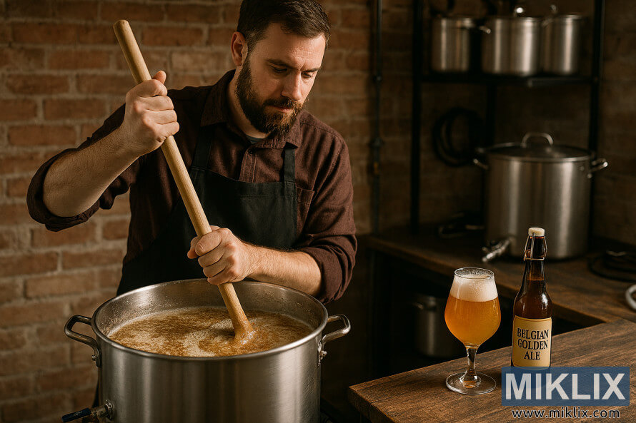 Homebrewer stirring mash in stainless steel kettle for Belgian Golden Ale Homebrewer stirring mash in stainless steel kettle for Belgian Golden Ale