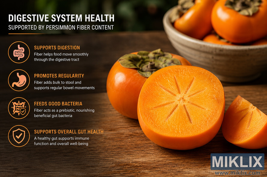 Landscape infographic showing digestive system health benefits supported by persimmon fiber content. The left side features educational text and orange digestive health icons describing digestion support, gut health, regularity, and beneficial bacteria. The right side displays high-resolution fresh persimmons on a wooden table, including sliced persimmons with vibrant orange flesh and a softly blurred natural background.