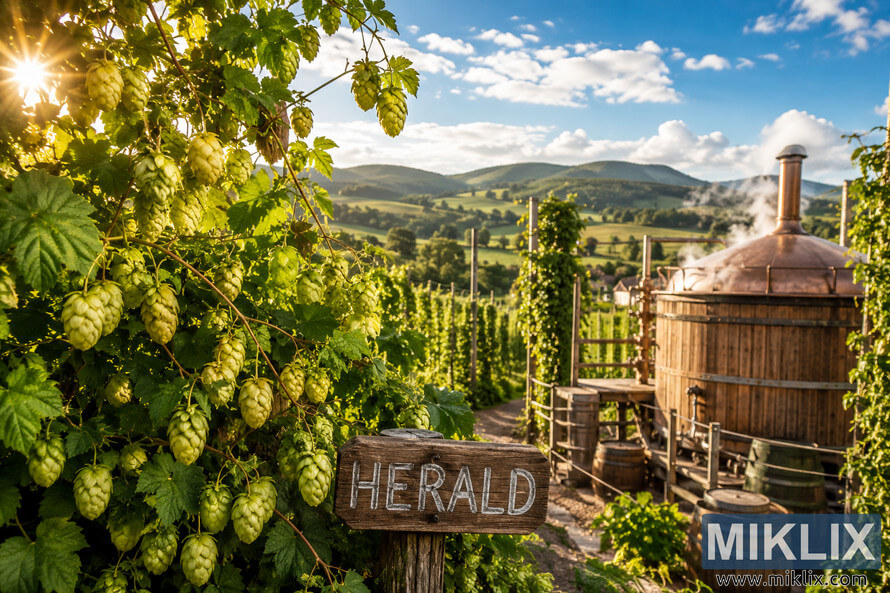 A panoramic landscape view of a lush hopyard featuring Herald hop vines with abundant green and golden hop cones in the foreground, a rustic wooden brewing kettle with gentle steam in the middle ground, and rolling green hills beneath a bright blue sky illuminated by warm sunlight, conveying traditional hop cultivation and artisanal brewing. A panoramic landscape view of a lush hopyard featuring Herald hop vines with abundant green and golden hop cones in the foreground, a rustic wooden brewing kettle with gentle steam in the middle ground, and rolling green hills beneath a bright blue sky illuminated by warm sunlight, conveying traditional hop cultivation and artisanal brewing.