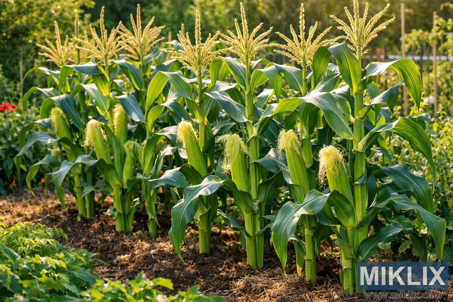 Row of sugar-enhanced sweet corn plants with tassels and developing ears growing in a sunlit vegetable garden.
