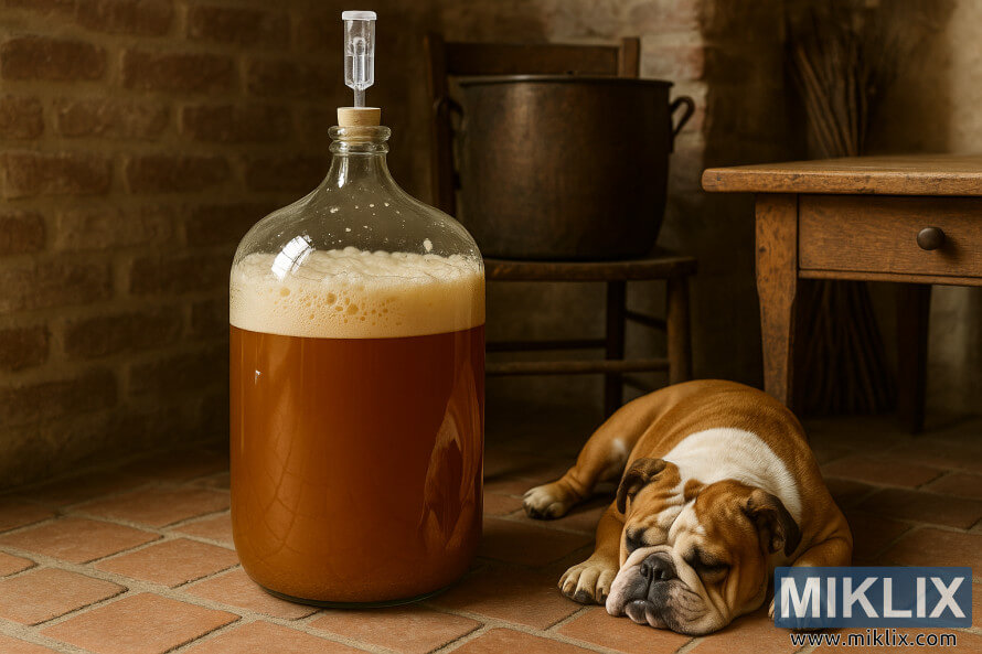 Une jeanne en verre de bière belge Saison fermentant dans une maison rustique belge avec un bouledogue endormi sur le sol carrelé. Une jeanne en verre de bière belge Saison fermentant dans une maison rustique belge avec un bouledogue endormi sur le sol carrelé.