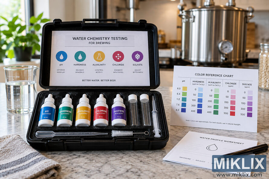 Open brand-neutral brewing water chemistry testing kit on a stone countertop with color-coded reagent bottles, test tubes, beaker of water, reference chart, worksheet and pen, with a stainless-steel brewing kettle softly blurred in the background. Open brand-neutral brewing water chemistry testing kit on a stone countertop with color-coded reagent bottles, test tubes, beaker of water, reference chart, worksheet and pen, with a stainless-steel brewing kettle softly blurred in the background.